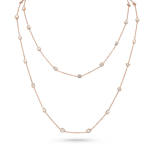Dominique Cohen mixed shape bezels diamond station necklace<br>in 18K rose gold, 42 inch length <span class='visuallyhidden'>Text, call 323-404-2959 for shopping help.</span>